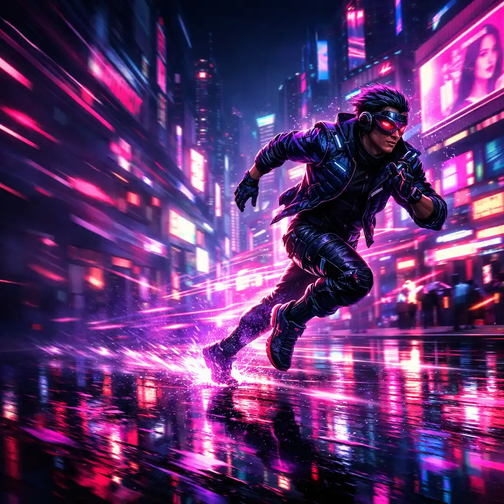 Cyberpunk futó neon városban